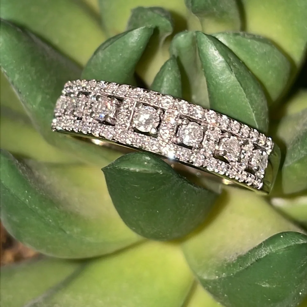 Solid Stamped 14K White Gold NATURAL Diamond Semi Eternity Band Ring Vintage